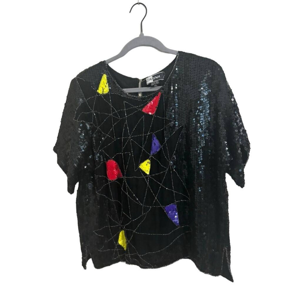 Vintage Carina Silk Black Red Yellow Abstract Sequin Top XL - Picture 2 of 5